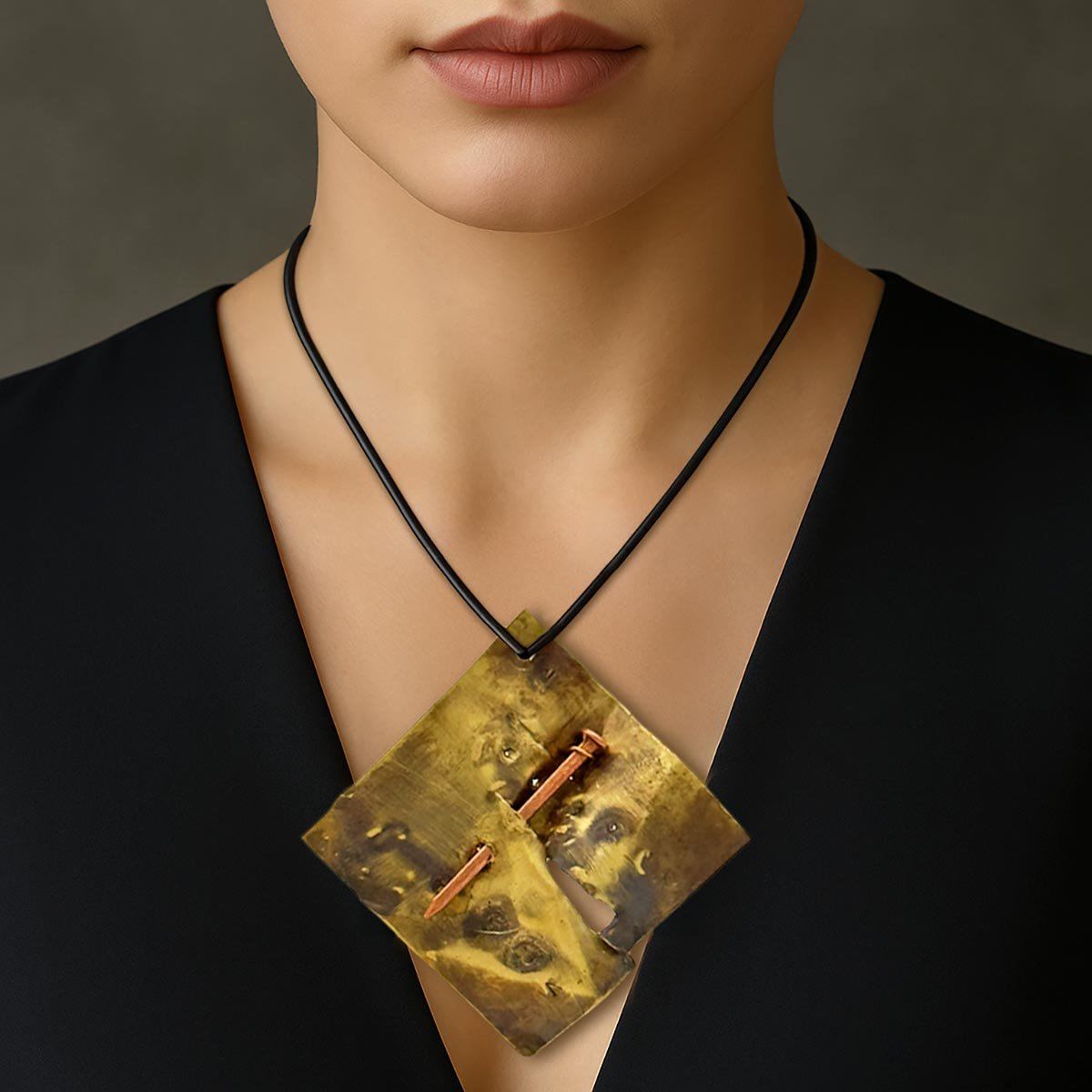 Monile Chiodo Sacrale, gioiello artigianale con placca in ottone incisa e chiodo centrale.