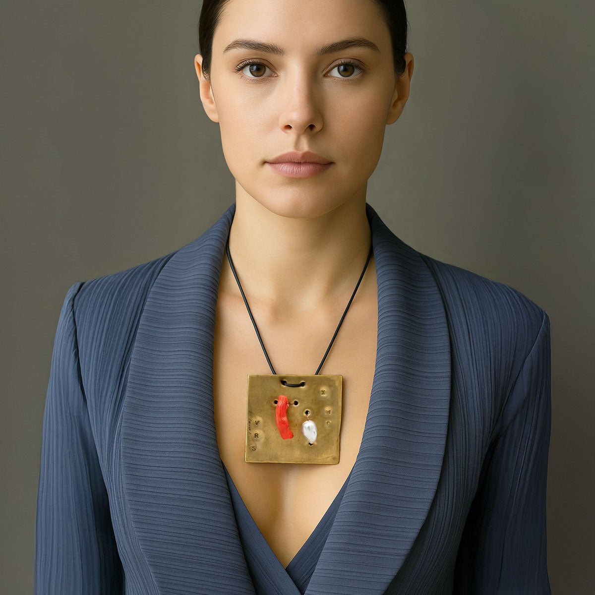 Primo piano del corallo rosso naturale, simbolo di vitalità, incastonato nel monile.