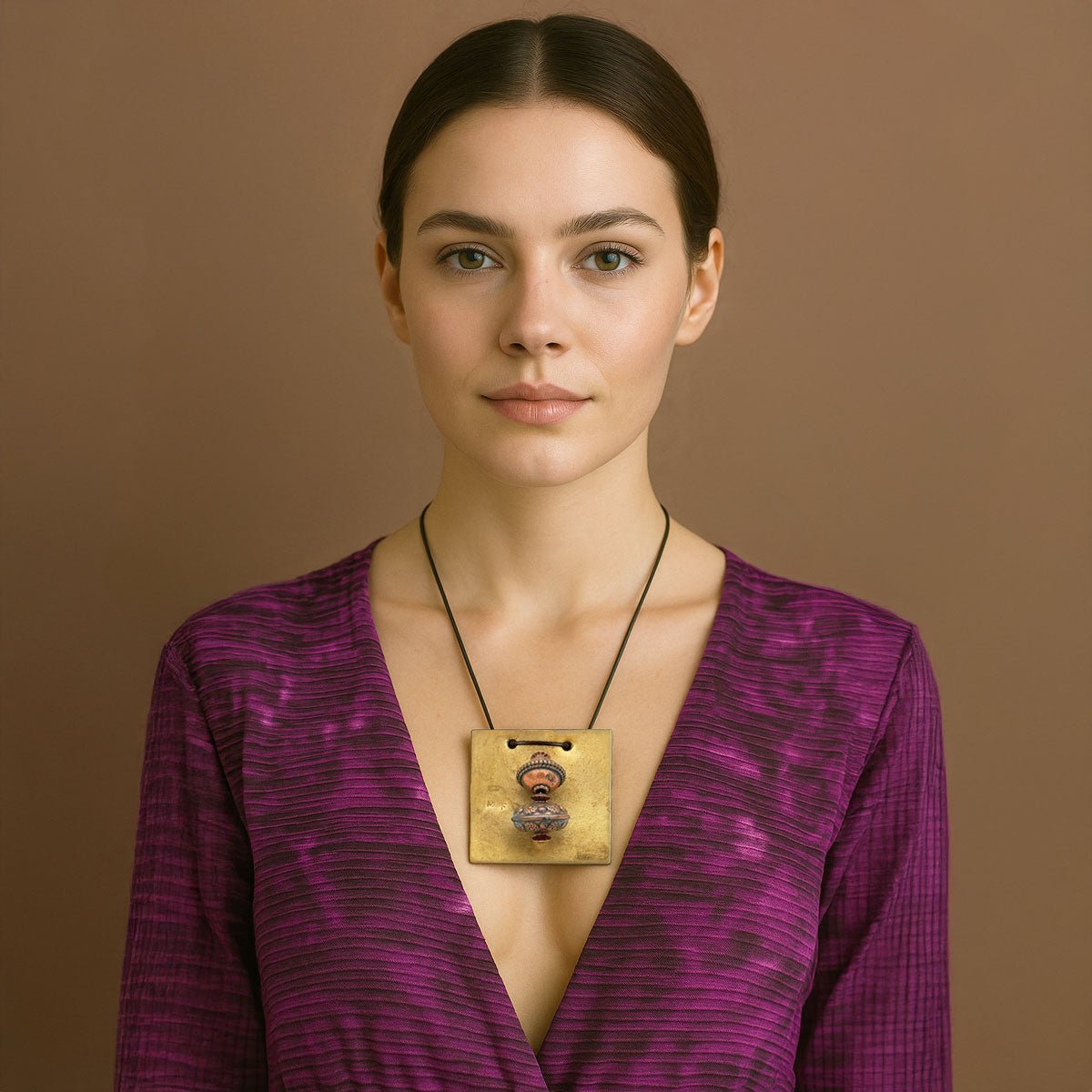 Primo piano dei dettagli cesellati e delle superfici incise sui due elementi in rame.