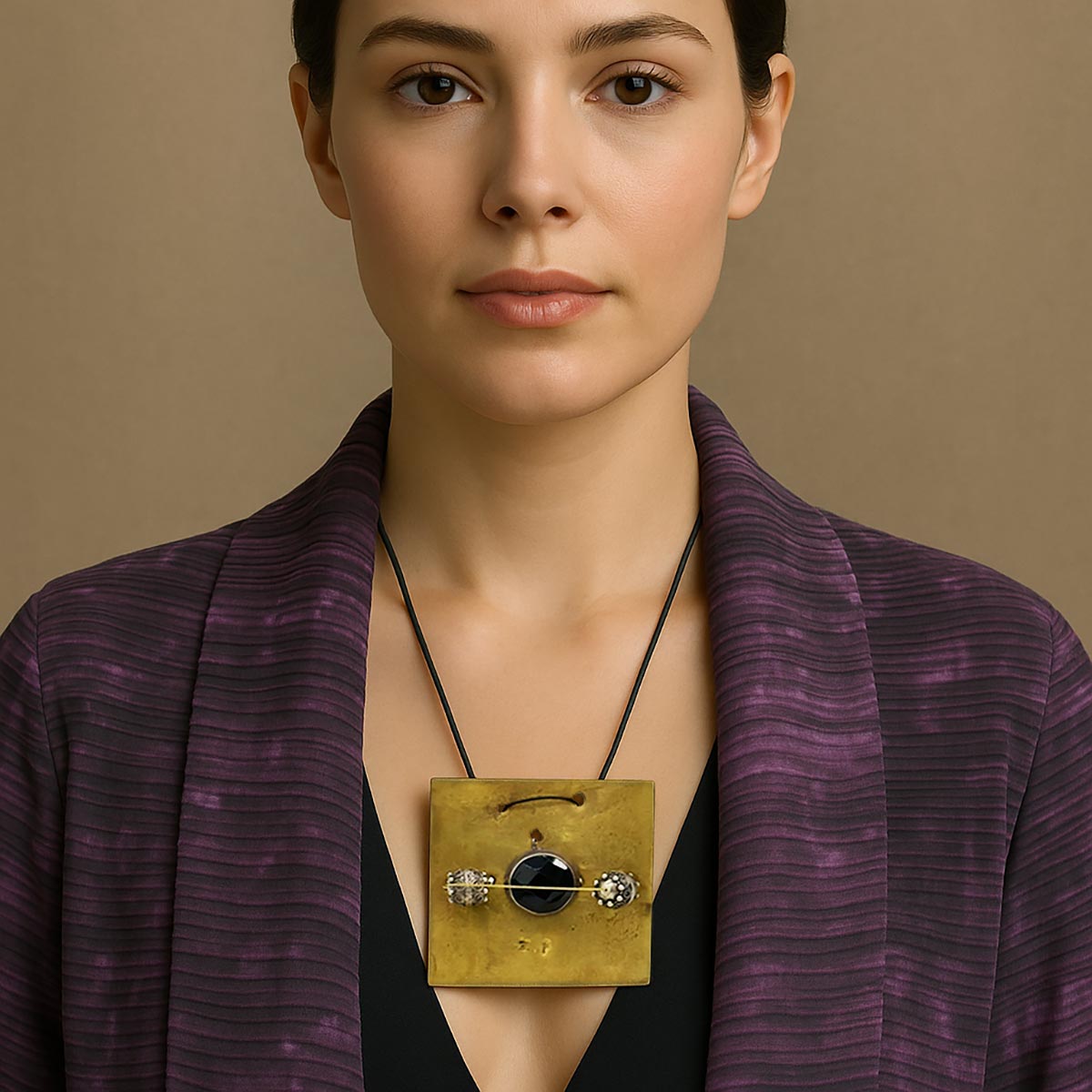 Primo piano della pietra nera sfaccettata, incastonata al centro del Monile Eclissi Errante.