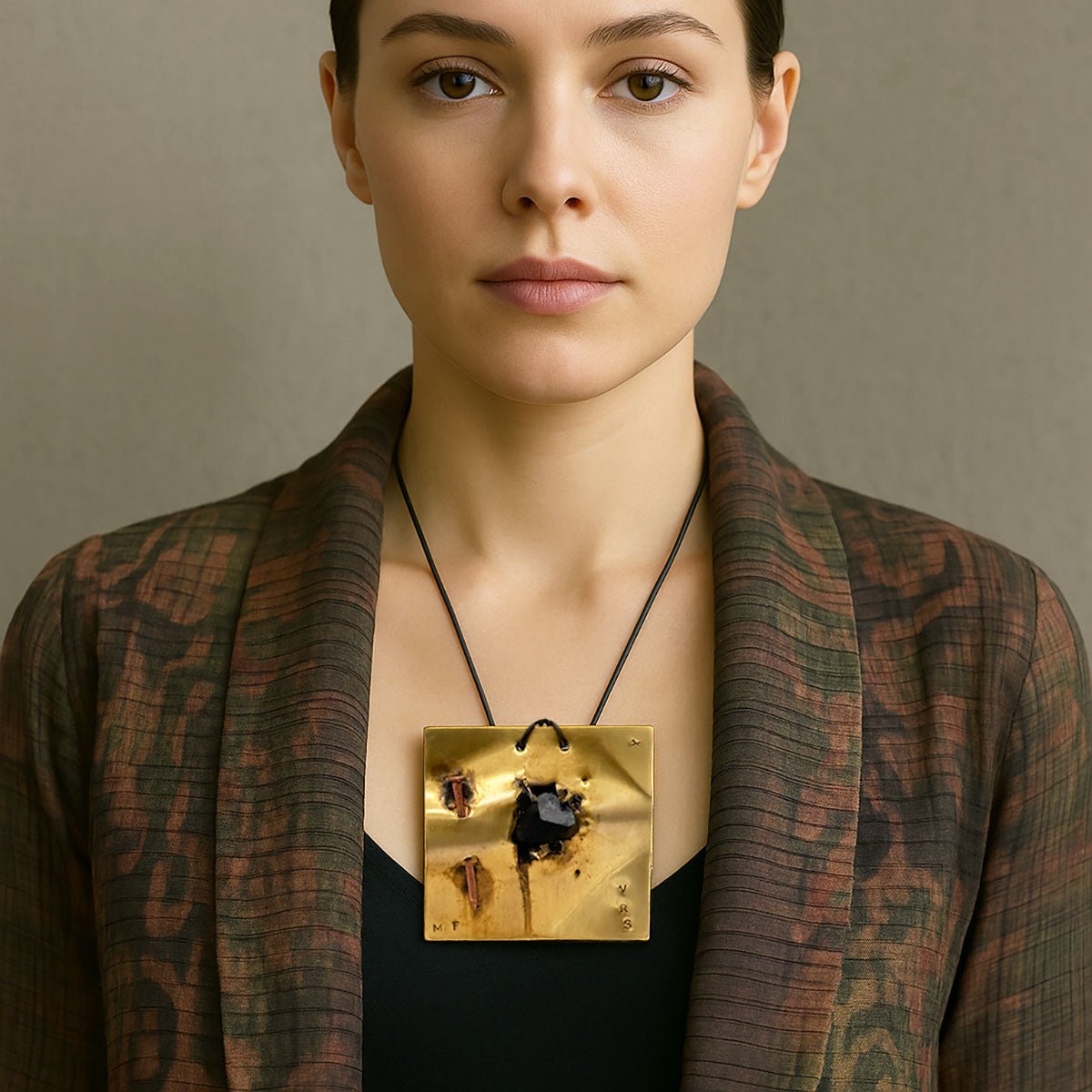 Primo piano della pietra nera irregolare che emerge dallo squarcio nel Monile Ombra Fratturata.