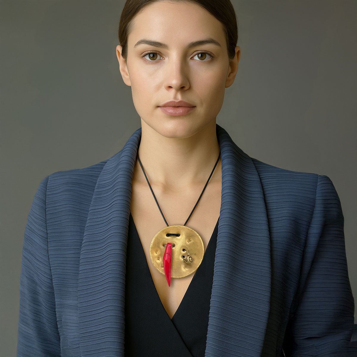 Primo piano del corno rosso lucente, simbolo di forza, incastonato nel Monile Rosso Talismanico.