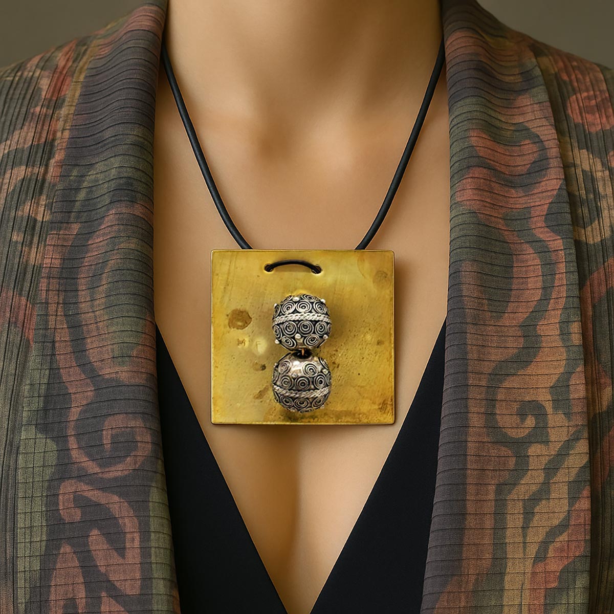 Monile Sfere Gemelle con placca in ottone opaco e sfere in metallo lucido inciso, su sfondo neutro.