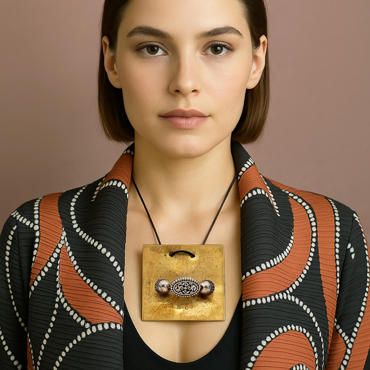 Primo piano dell'incisione precisa al centro della placca in ottone del Monile Sigillo Ornato.