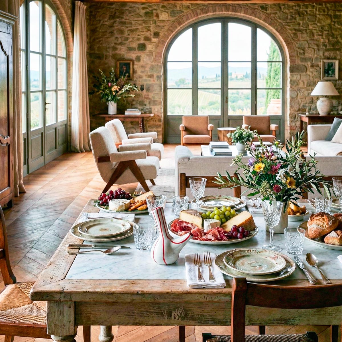 tavola rustica imbandita per un pasto festivo in una lussuosa villa toscana, con la aceteira a strisce rosse come elemento centrale tra cibo e stoviglie.