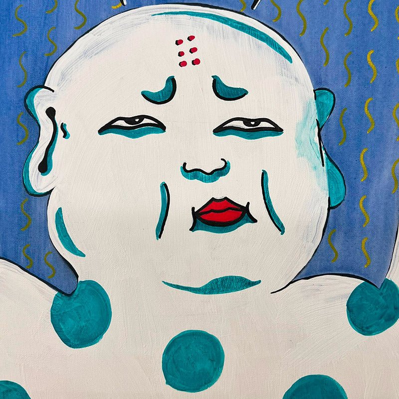 Primo piano del volto ironico e grottesco del Buddha nel quadro di Uodi.