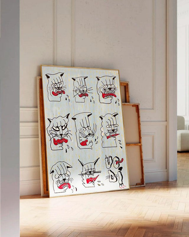 Quadro Gatti di Uodi (Opus #16), pittura surreale di gatti deformi con linee nere e rosse.