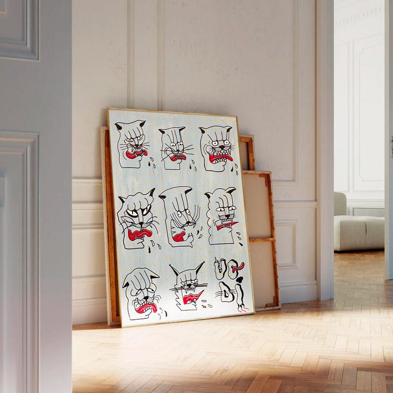 Quadro Gatti di Uodi (Opus #16), pittura surreale di gatti deformi con linee nere e rosse.