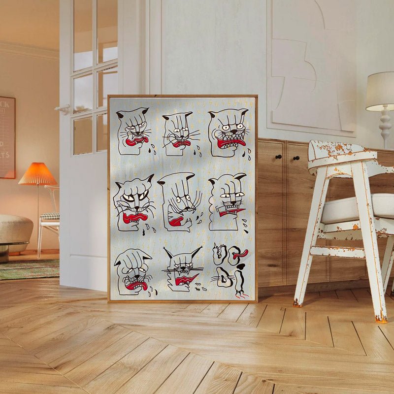 Il Quadro Gatti di Uodi appeso a una parete di cemento in un ambiente industriale.