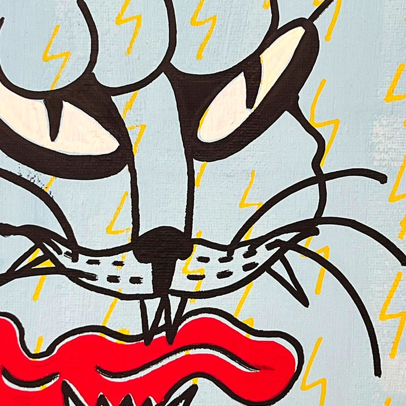 Primo piano di un muso grottesco e disperato nel quadro Gatti di Uodi.