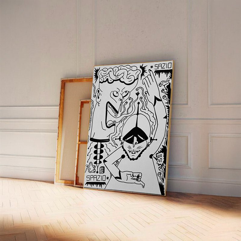 Quadro bianco e nero Opus #17 di Uodi, opera concettuale in stile fumetto esistenziale.