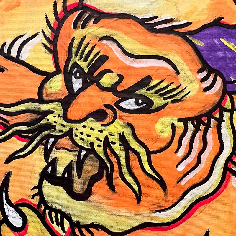 Primo piano del volto della tigre nel quadro Esplosione della Tigre, con contorni elettrizzati.