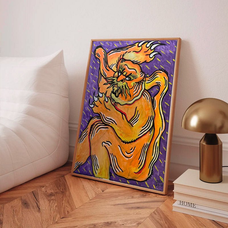 Quadro Esplosione della Tigre di Uodi, pittura di una tigre arancione su sfondo viola.