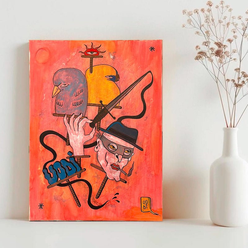 Il quadro noir contemporaneo Opus #20 di Uodi esposto su una parete scura.