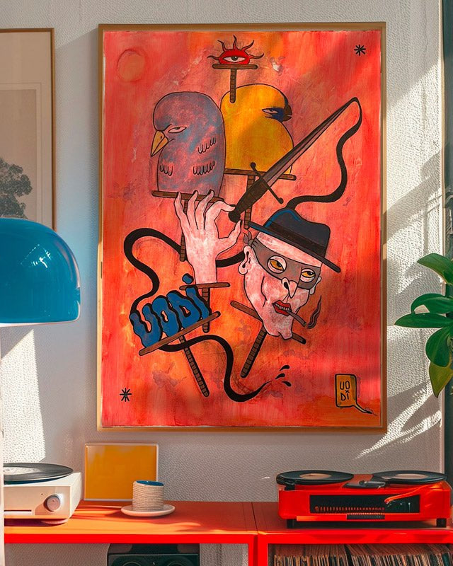 Quadro noir contemporaneo Opus #20 di Uodi, pittura surreale con figure enigmatiche.
