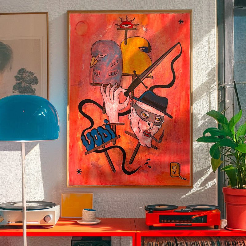 Quadro noir contemporaneo Opus #20 di Uodi, pittura surreale con figure enigmatiche.