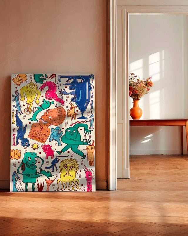 Opus #4 di Uodi, quadro grottesco con linee minimaliste e colori vibranti.