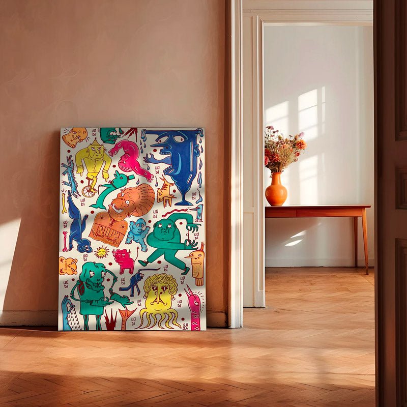 Opus #4 di Uodi, quadro grottesco con linee minimaliste e colori vibranti.