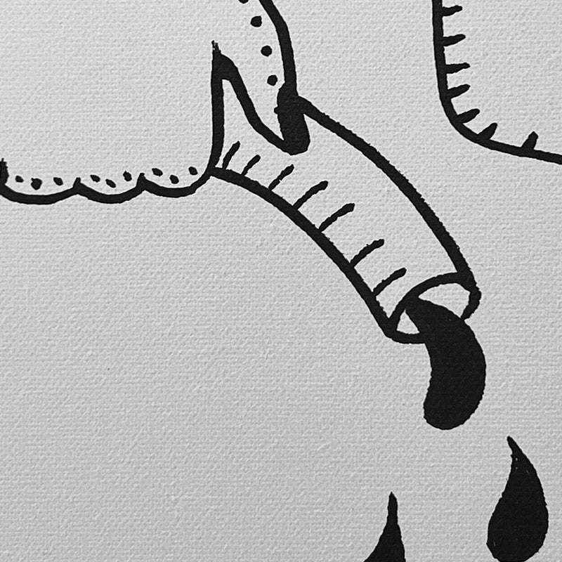 Opus #6 di Uodi, disegno monocromatico grottesco con volti distorti.