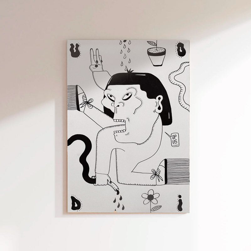 Opus #6 di Uodi, disegno monocromatico grottesco con volti distorti.