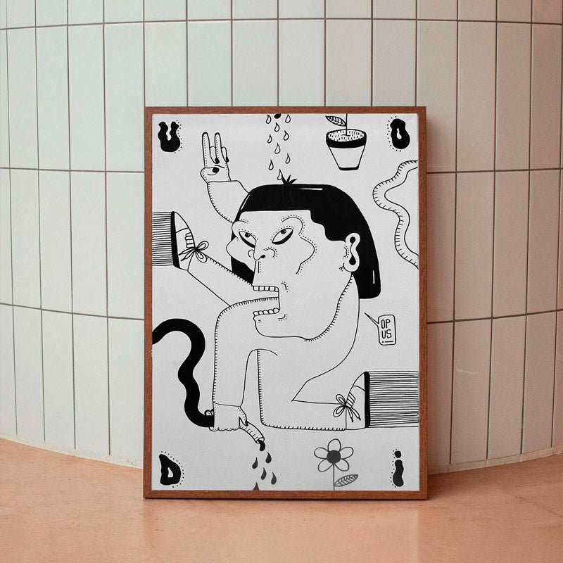 Opus #6 di Uodi, disegno monocromatico grottesco con volti distorti.