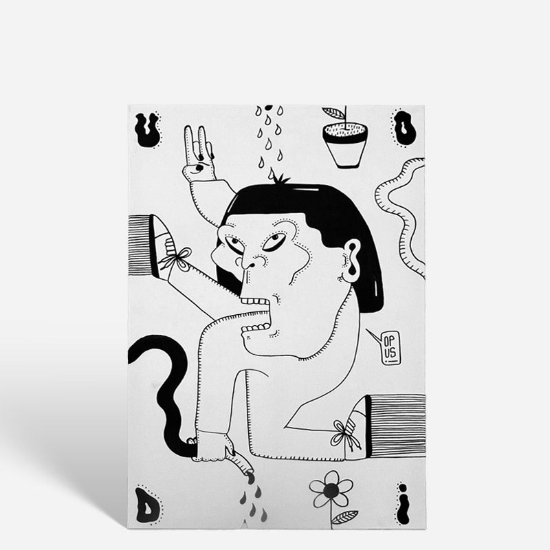 Opus #6 di Uodi, disegno monocromatico grottesco con volti distorti.