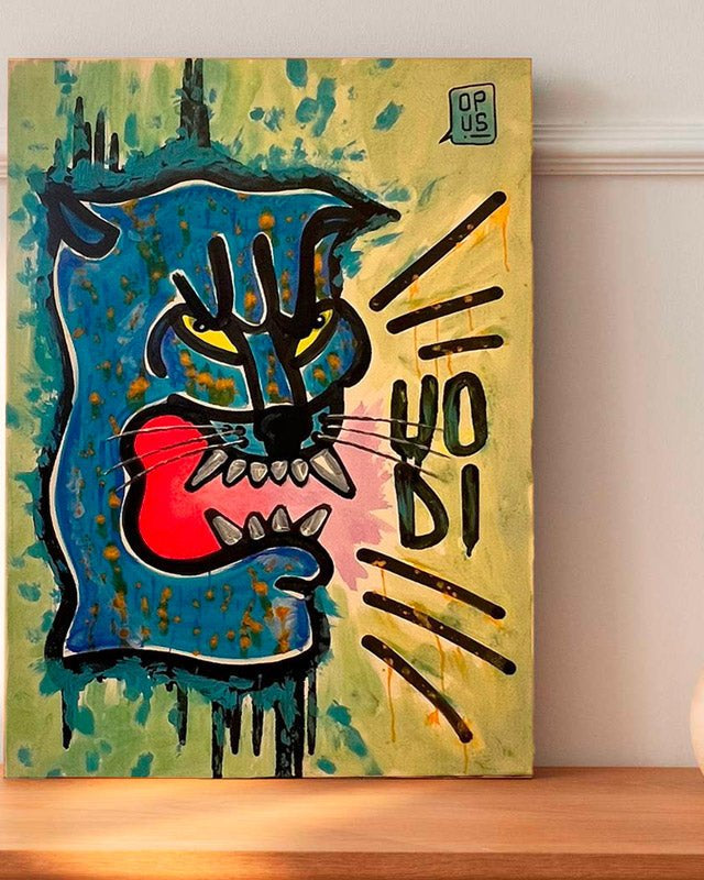 Quadro Pantera di Uodi (Opus #7), pittura urbana di una pantera su sfondo giallo fosforescente.