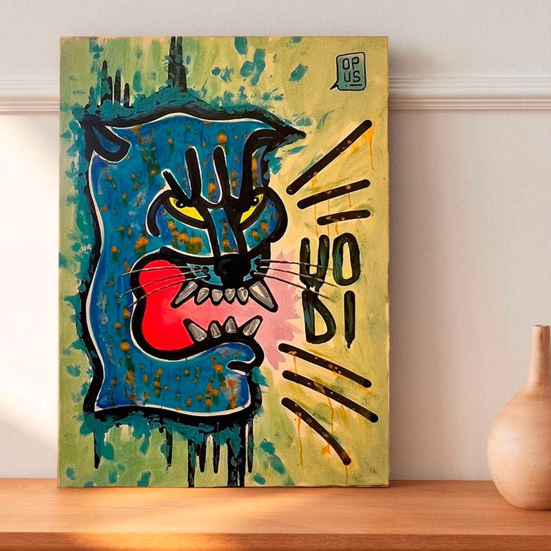 Quadro Pantera di Uodi (Opus #7), pittura urbana di una pantera su sfondo giallo fosforescente.