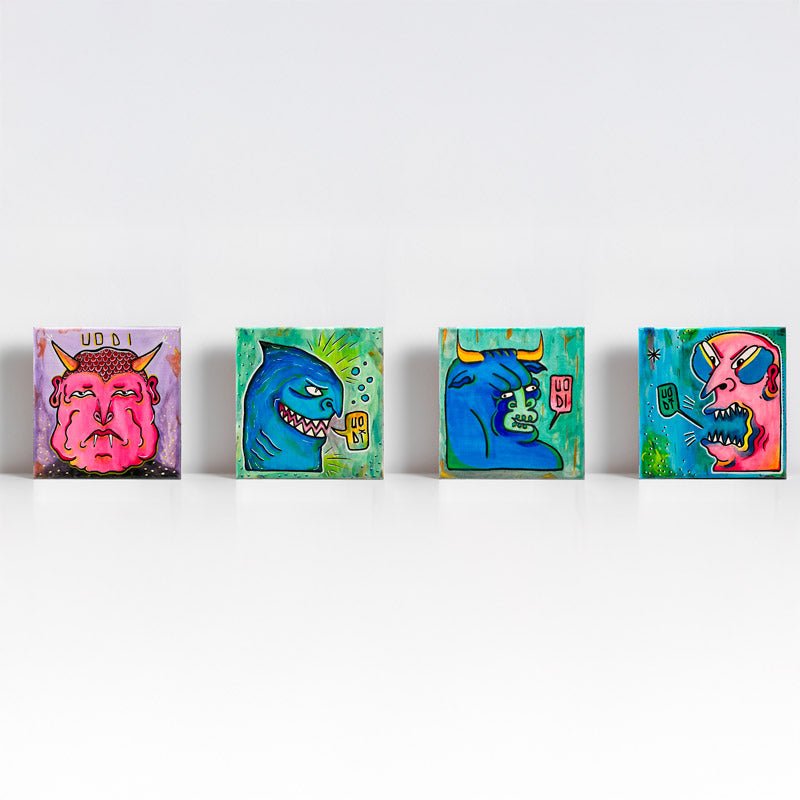 Serie Opus Uodi 9-12, un polittico di quattro quadri in stile pop art grottesco.