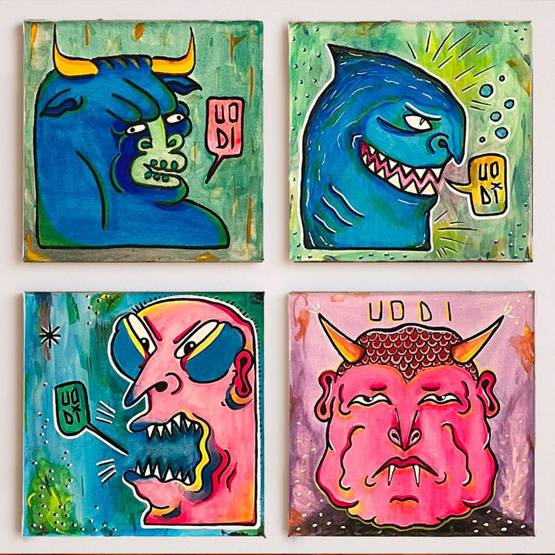 Primo piano del quadro Opus #10 di Uodi, raffigurante uno squalo sardonico.