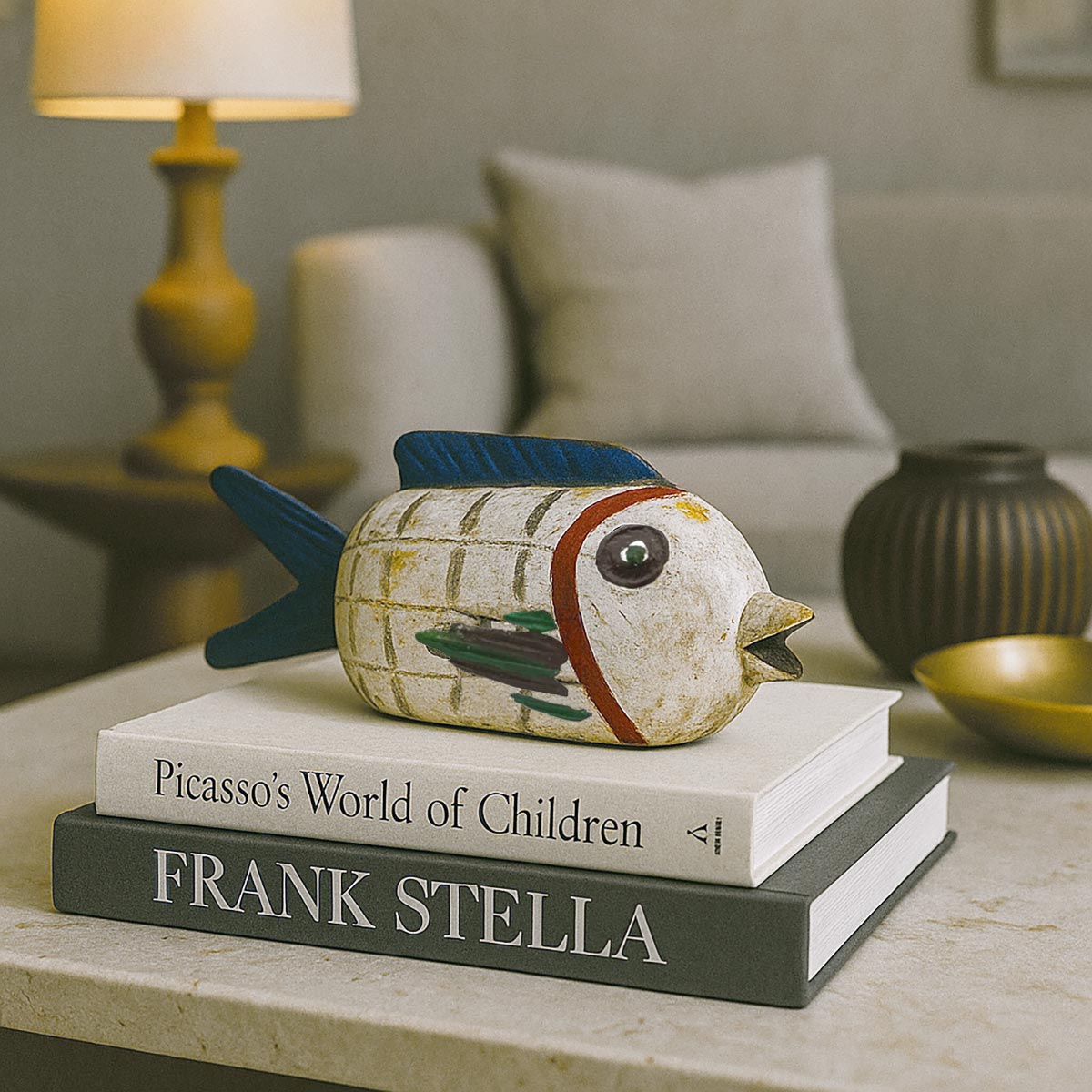 Scultura pesce in legno Pesce Memoria #1, pezzo antico intagliato e dipinto a mano.