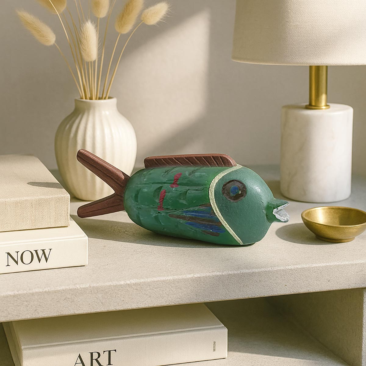 Primo piano del muso sporgente e dei dettagli colorati del volto della scultura.