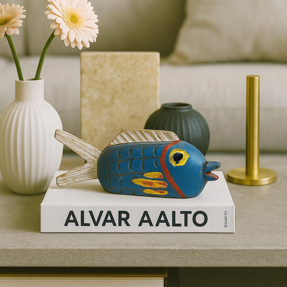 Scultura pesce in legno Pesce Memoria #4, pezzo antico totemico con corpo blu profondo.