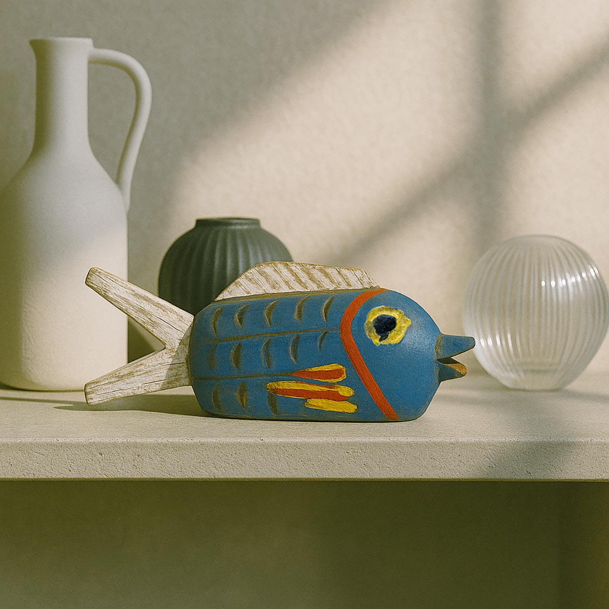 Primo piano del volto con bocca spalancata e occhio deciso della scultura Pesce Memoria #4.