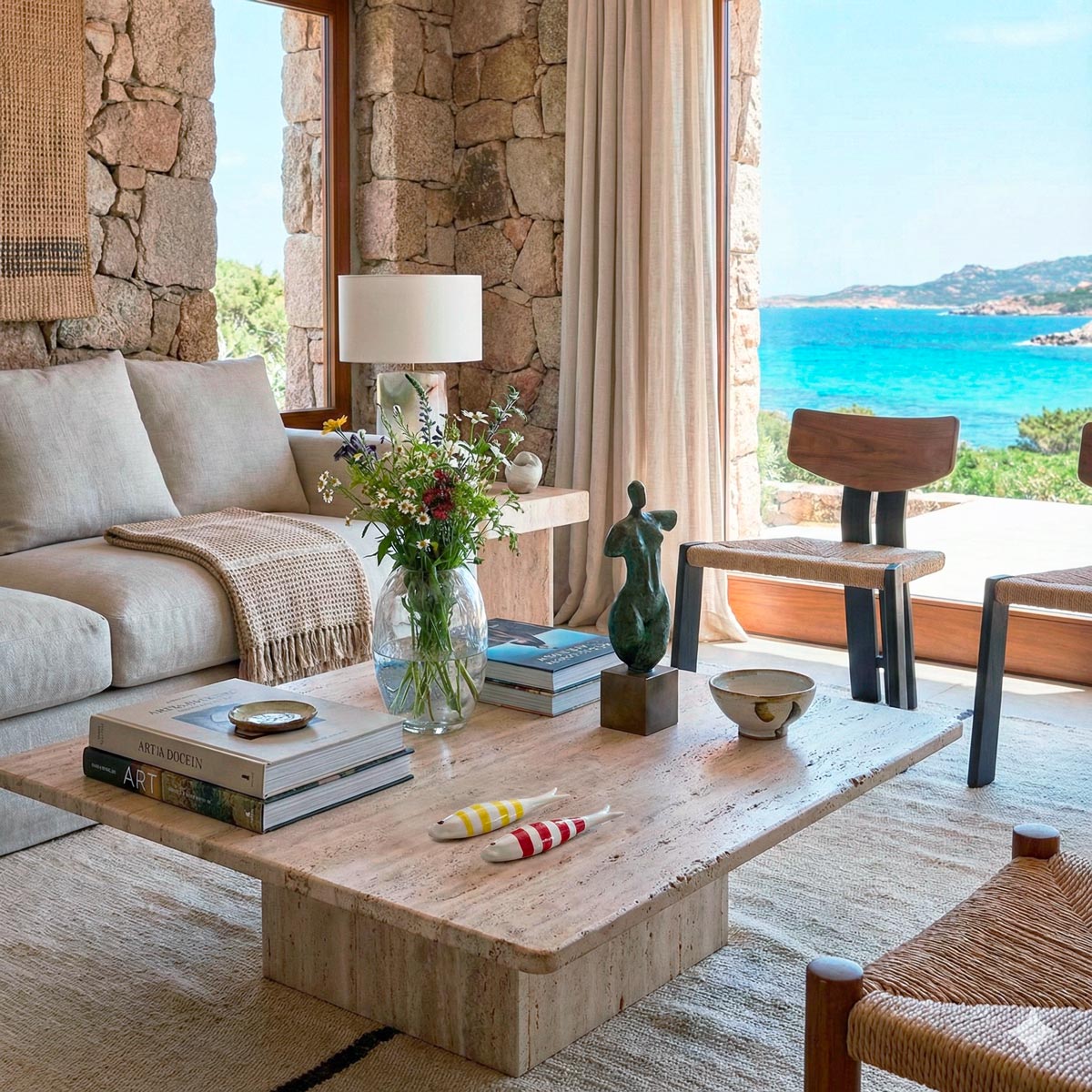 Ampio e luminoso salotto di design in una villa in Sardegna con pareti in pietra naturale e vista panoramica sul mare turchese. Al centro, su un tavolino da fumo in travertino, sono disposti con cura oggetti d'arredo tra cui libri d'arte, un vaso con fiori di campo e due piccoli pesci decorativi in ceramica smaltata, uno a righe gialle e l'altro rosse.