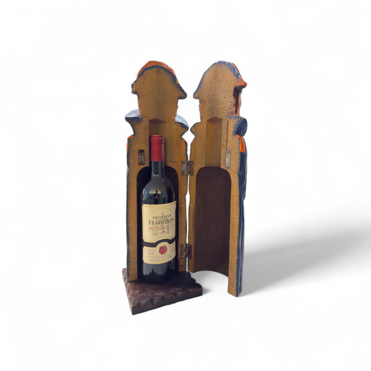 Il portabottiglie Napoleone aperto, che mostra l'alloggiamento interno per una bottiglia di vino.