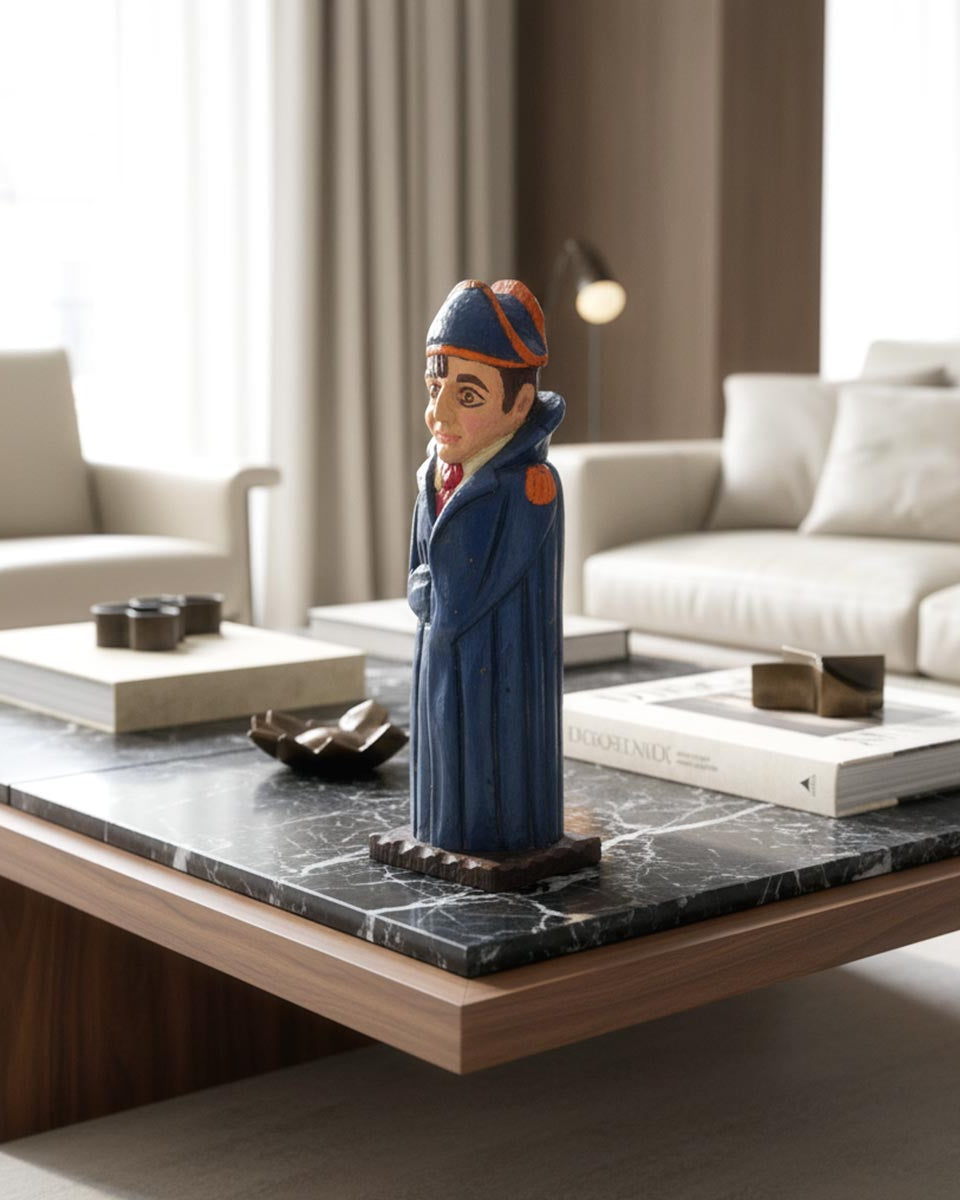 Portabottiglie Napoleone, scultura vintage in legno dipinto a mano degli anni '60-'70.