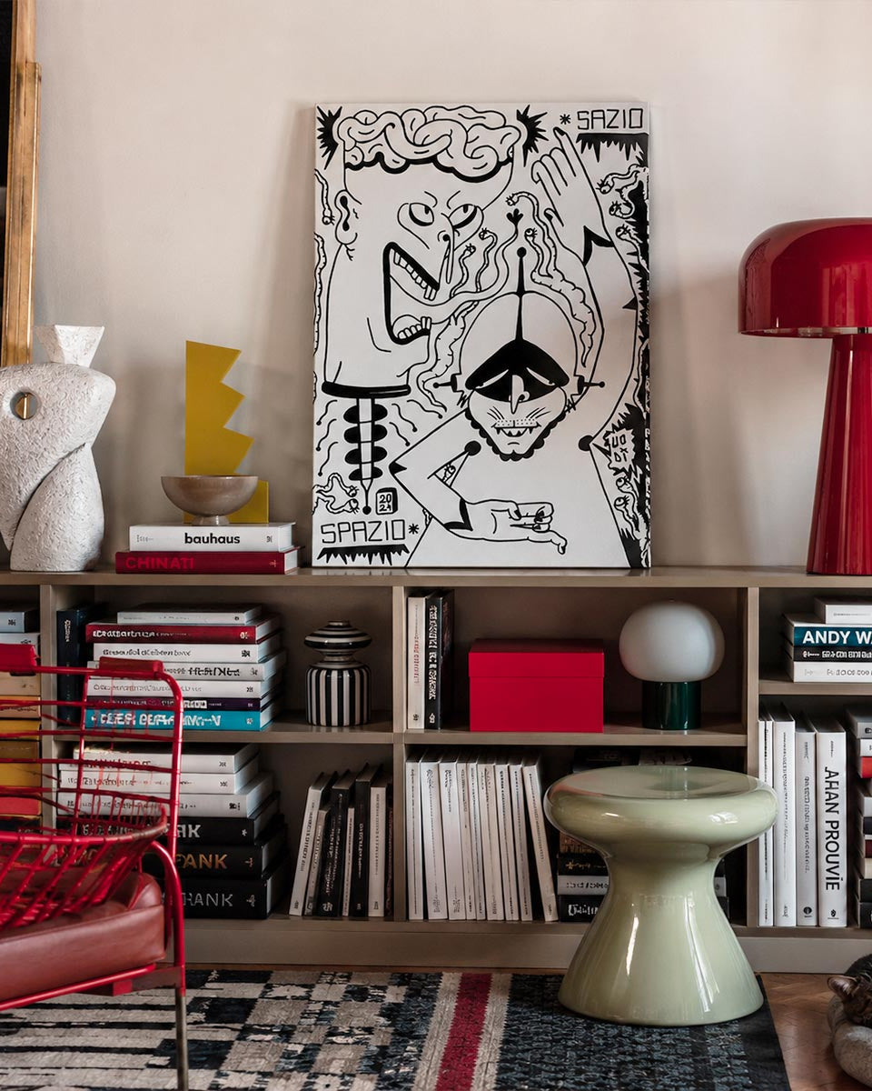 Quadro Bianco e Nero Concettuale, opera originale di Emiliano dalle Piagge Collezione Uodi x Vicode ambientato in una casa di design stile sottsass