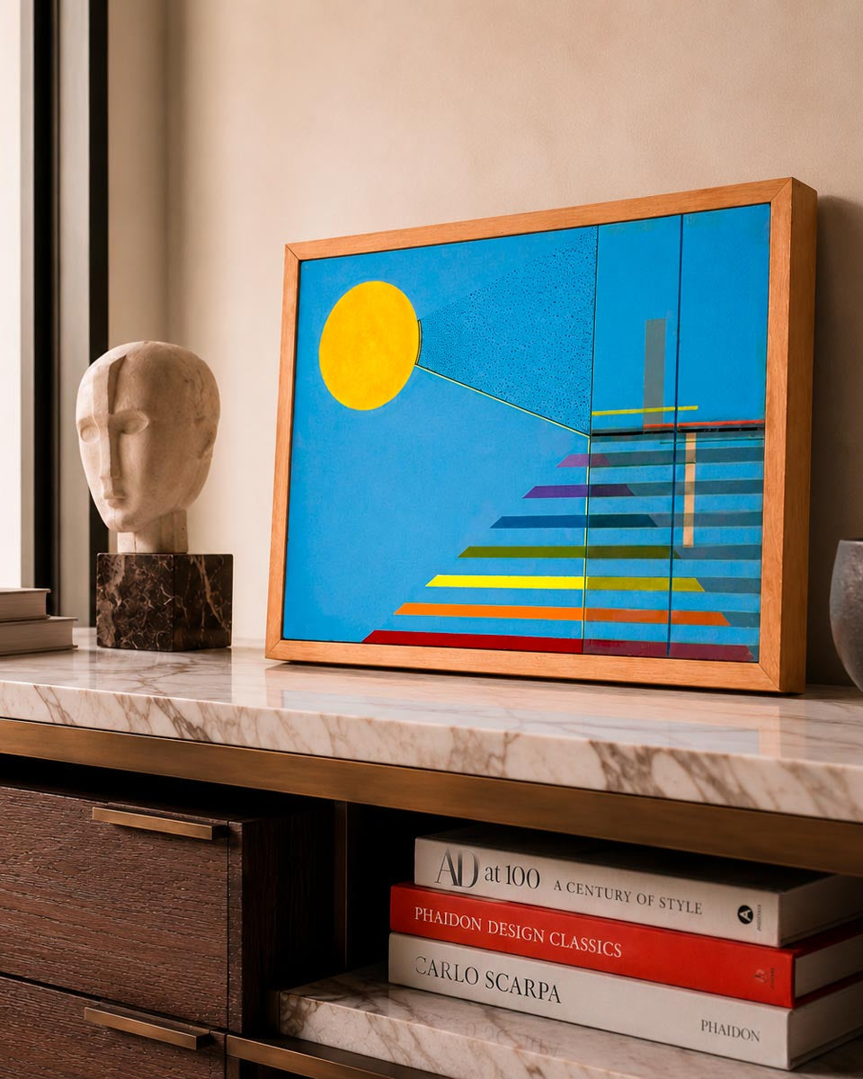 Quadro astratto Matteo Balistreri "Deviazione di luce con cono d'ombra" del 1989.