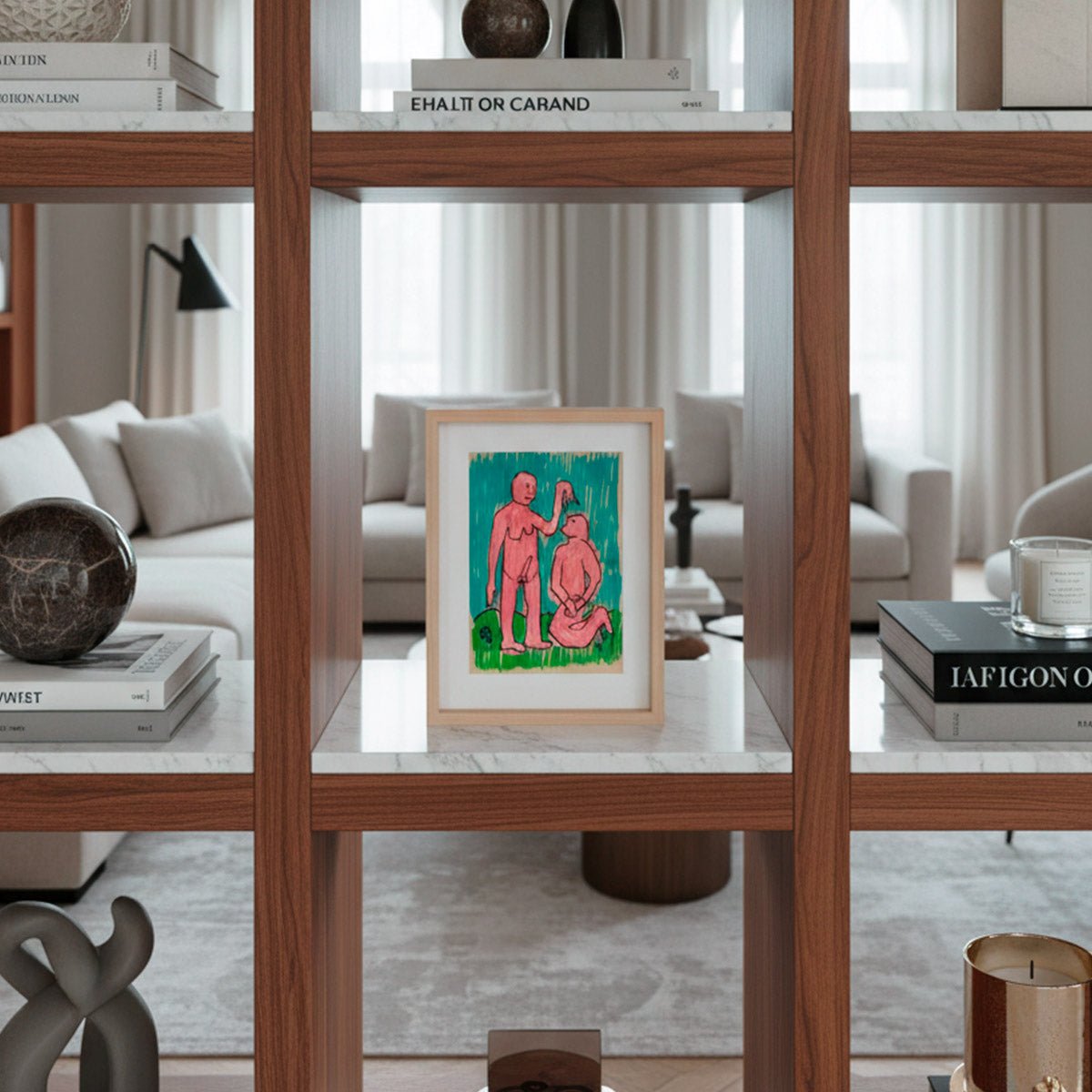 Disegno a colori Il Rito Sospeso di Massimiliano Precisi con cornice in legno naturale.