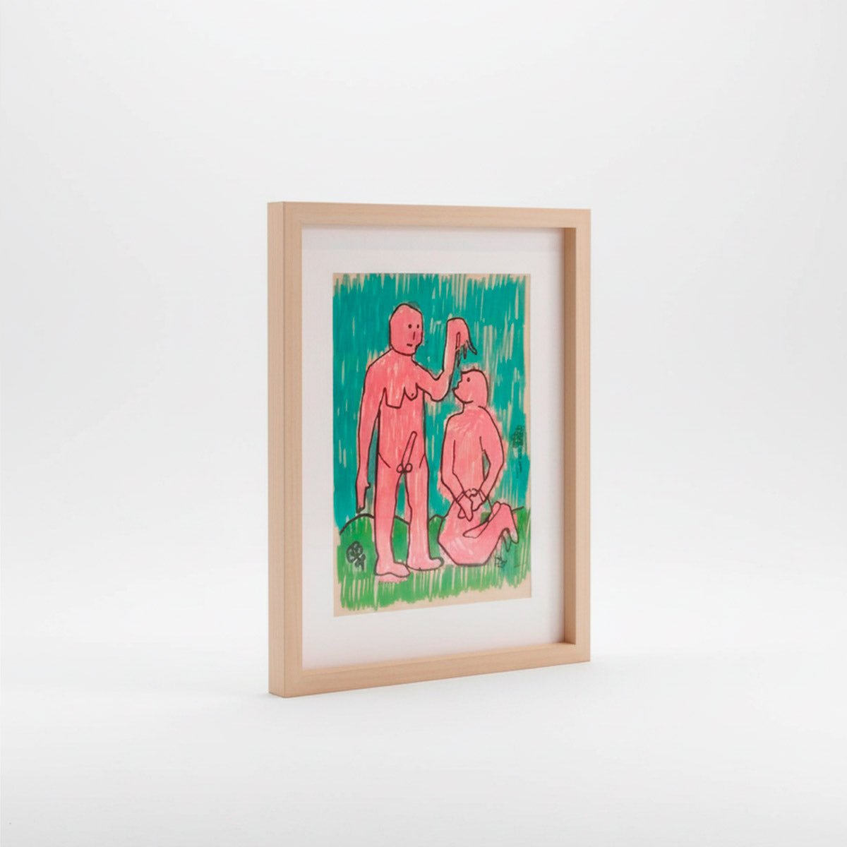 Dettaglio del gesto della mano sulla testa tra le due figure nell'opera di Precisi.