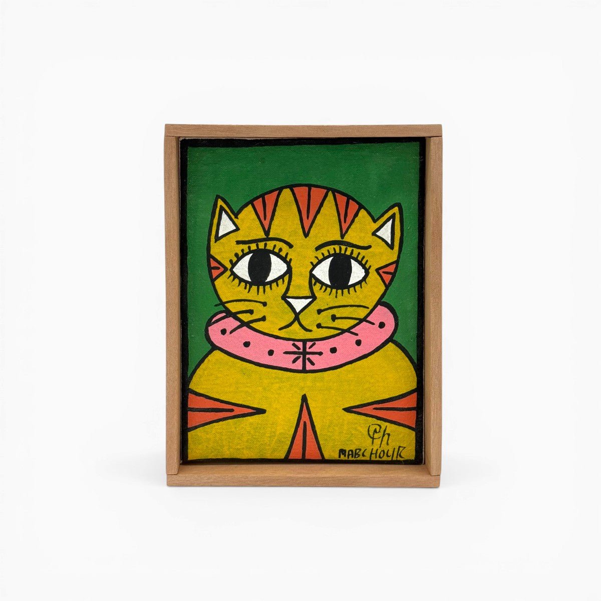 Matericità della tela antica e grana del colore giallo oro nel manto del felino.