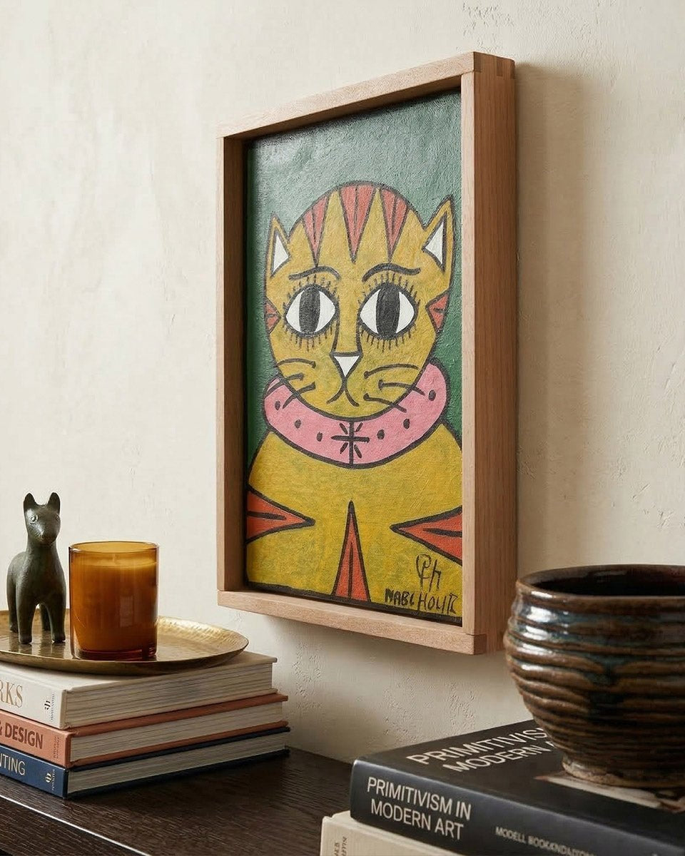 Dipinto di gatto in stile arte folk marocchina firmato Mabchour con cornice in okoume.
