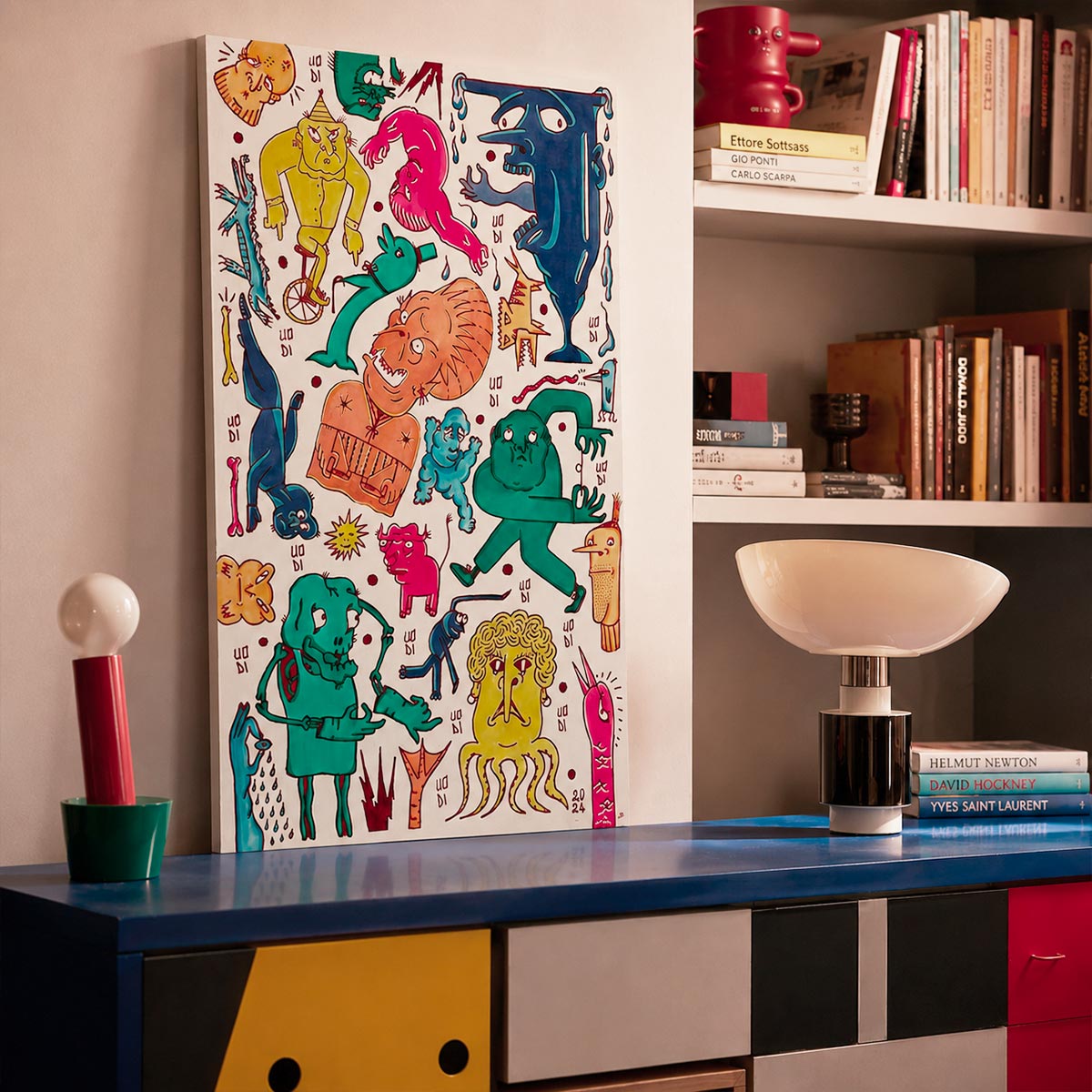 dettaglio del quadro minimalista opus 4 di uodi x vicode ambientato in un living stile sottsass di design