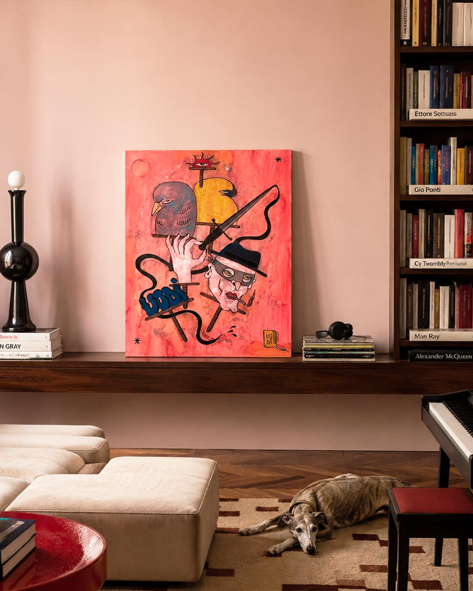 Quadro Noir Contemporaneo di Uodi ambientato in una zona living moderna stile sottsass