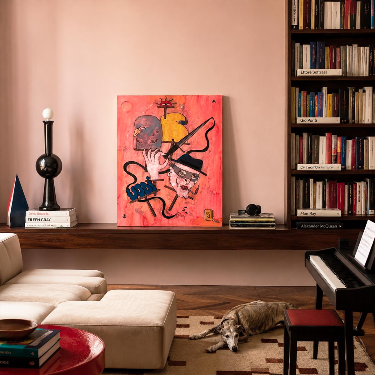 Quadro Noir Contemporaneo di Uodi ambientato in una zona living moderna stile sottsass
