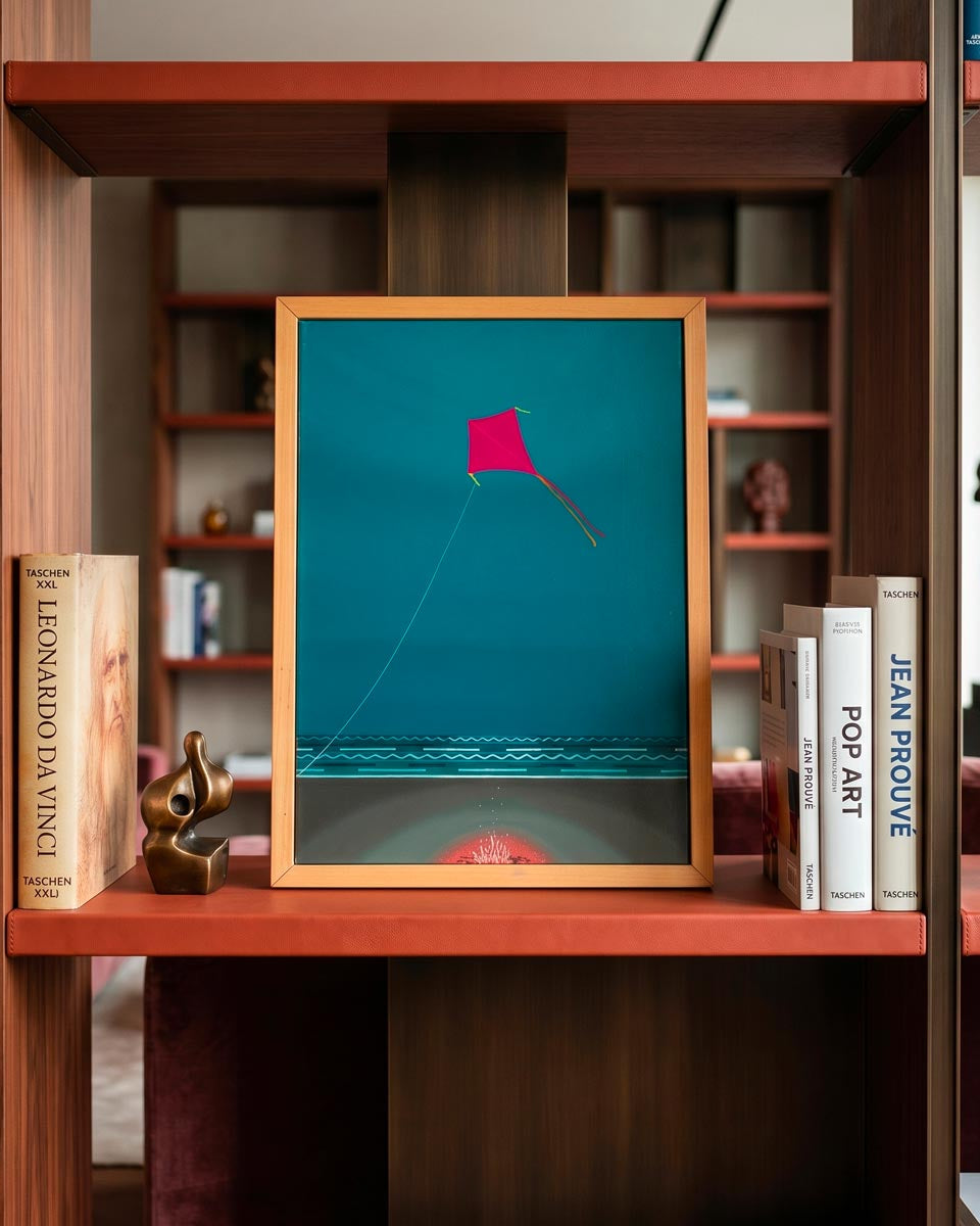 Quadro paesaggio notturno Matteo Balistreri "Notturno con Aquilone rosa, falò e onde".