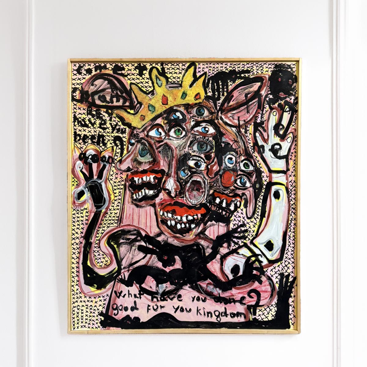 Quadro Queen di Massimiliano Precisi, ritratto grottesco e satirico di una regina su tela cucita.