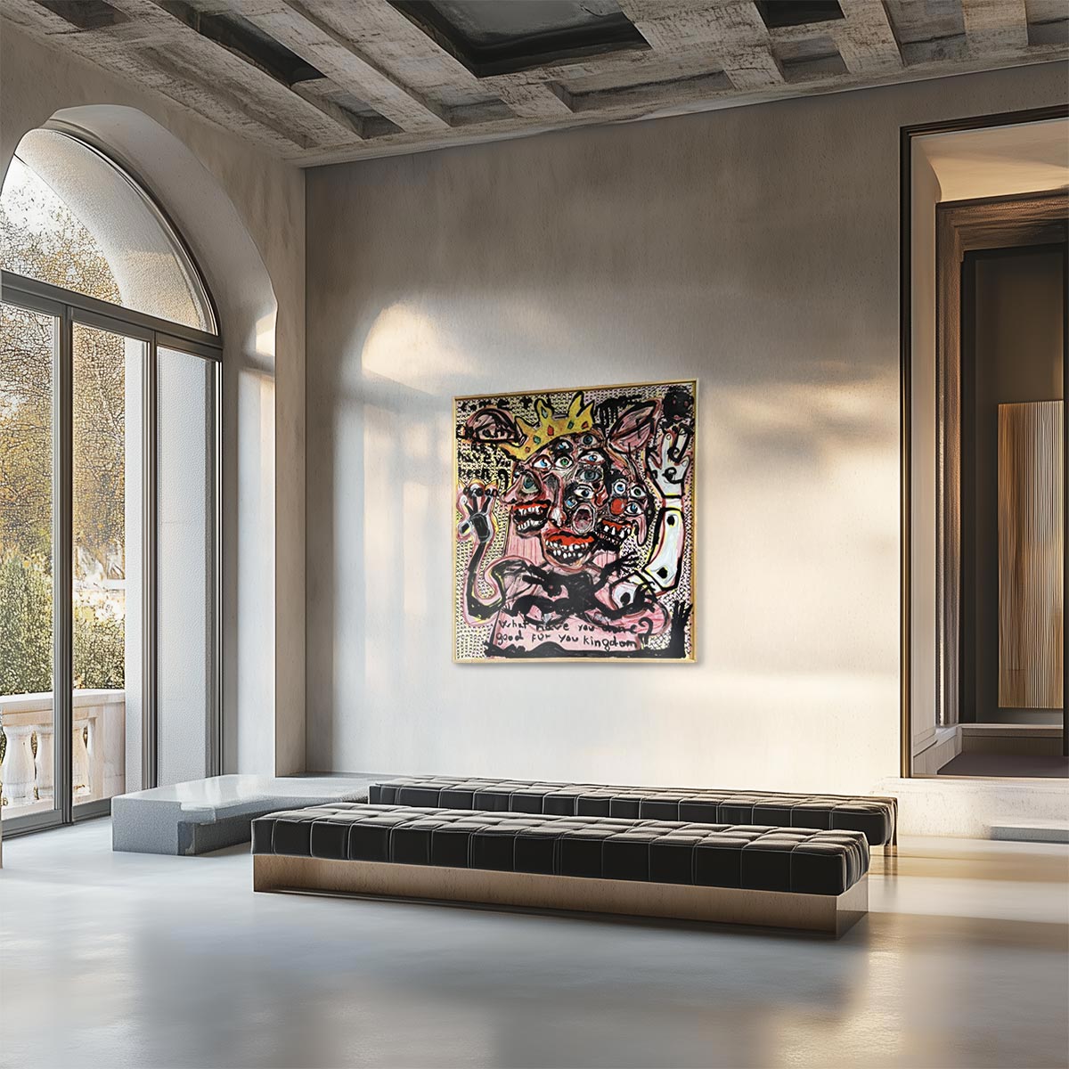 Primo piano del volto mostruoso con occhi multipli e denti esposti nel quadro Queen.