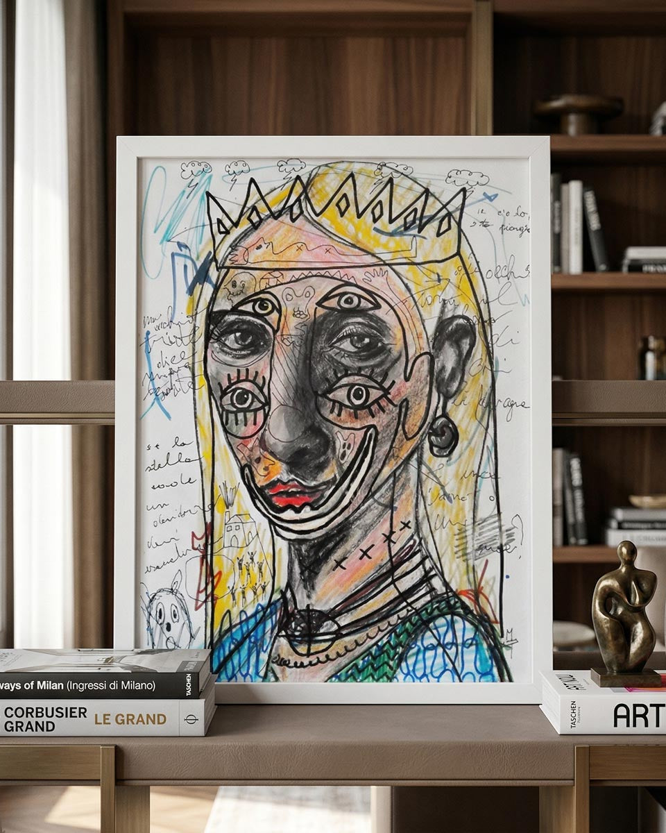 Dettaglio della corona gialla stilizzata nell'opera di arte contemporanea Massimiliano Precisi.